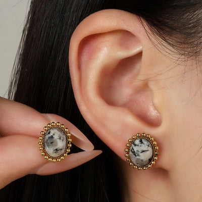One Pack and Two Pairs Retro French Style Geometric Plating Titanium Steel Natural Stone 14K Gold Plated Ear Studs
