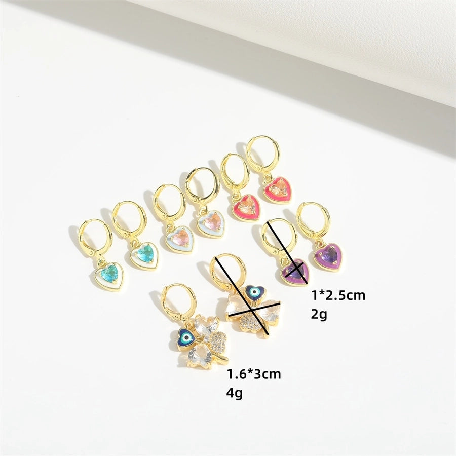 1 Pair Elegant Simple Style Commute Four Leaf Clover Heart Shape Enamel Inlay Copper Zircon 14K Gold Plated Drop Earrings