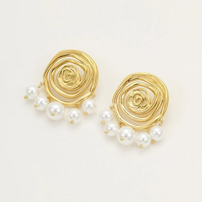 1 Pair IG Style Spiral Stripe Pearl Plating 304 Stainless Steel 18K Gold Plated Ear Studs