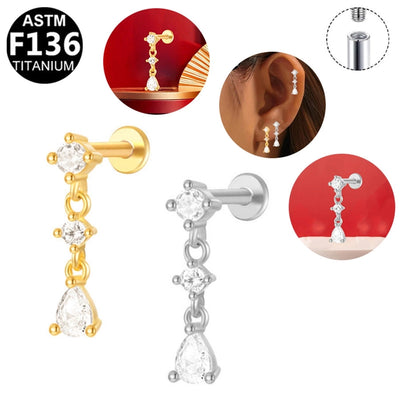 1 Piece Lip Rings Luxurious Classic Style Shiny Round Water Droplets Pure Titanium Titanium Alloy Zircon 14K Gold Plated White Gold Plated Lip Rings Ear Cartilage Rings & Studs