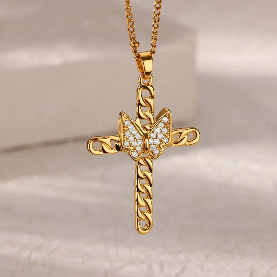 Copper Water wave chain 18K Gold Plated Geometric Cross Eye Zirconia Pendant Necklace