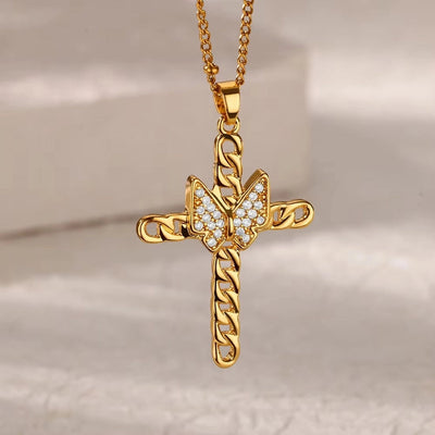 Copper Water wave chain 18K Gold Plated Geometric Cross Eye Zirconia Pendant Necklace
