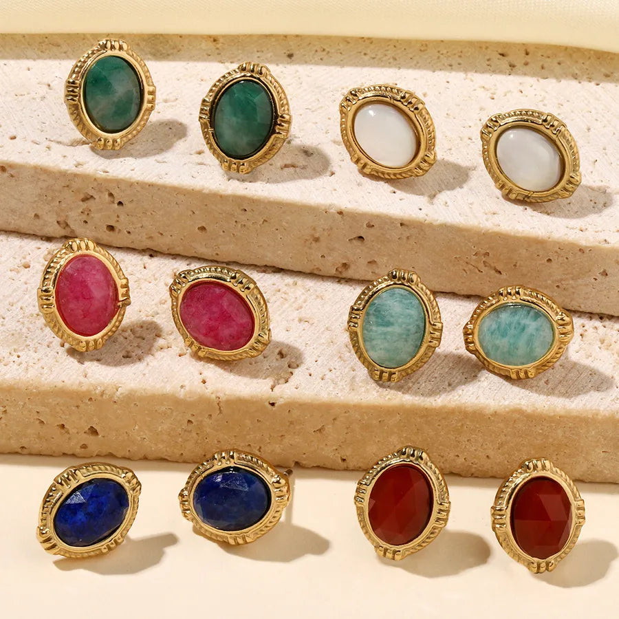 One Pack and Two Pairs Retro French Style Geometric Plating Titanium Steel Natural Stone 14K Gold Plated Ear Studs