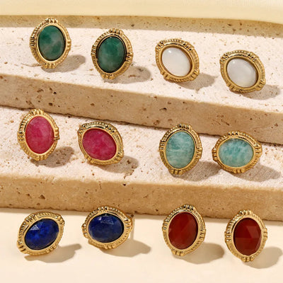 One Pack and Two Pairs Retro French Style Geometric Plating Titanium Steel Natural Stone 14K Gold Plated Ear Studs