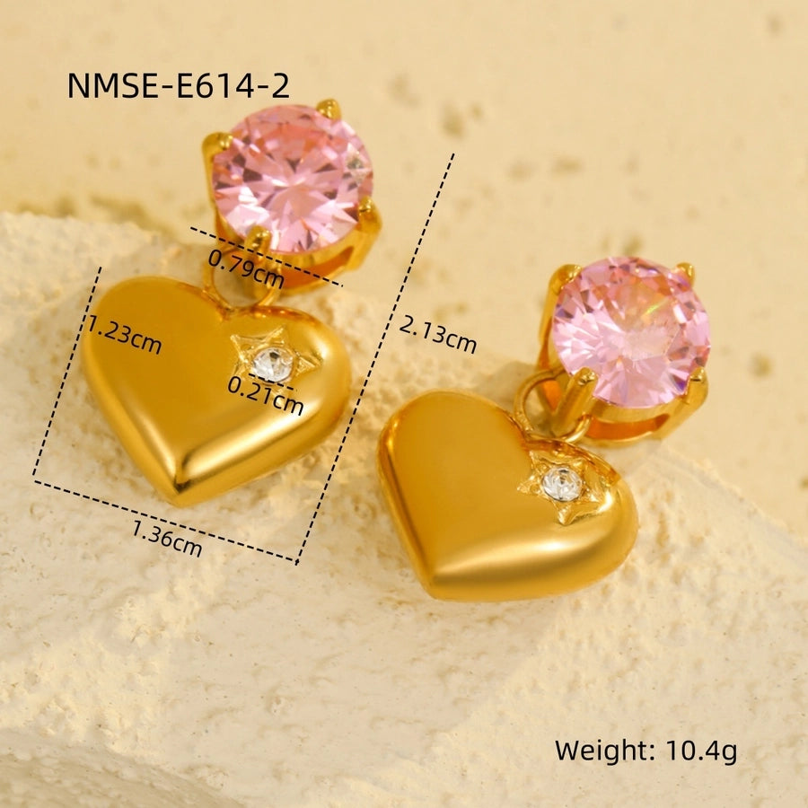 1 Pair Retro Sweet Round Heart Shape Inlay 304 Stainless Steel Zircon 18K Gold Plated Drop Earrings