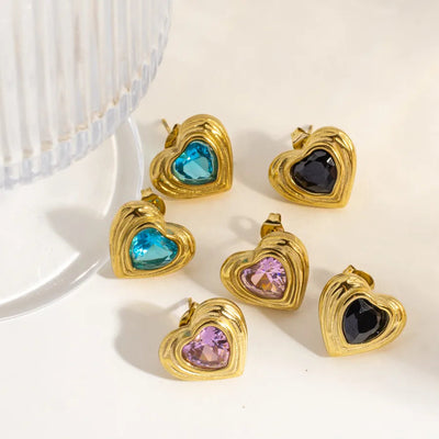 1 Pair IG Style Simple Style Classic Style Heart Shape Inlay 304 Stainless Steel Rhinestones 14K Gold Plated Ear Studs