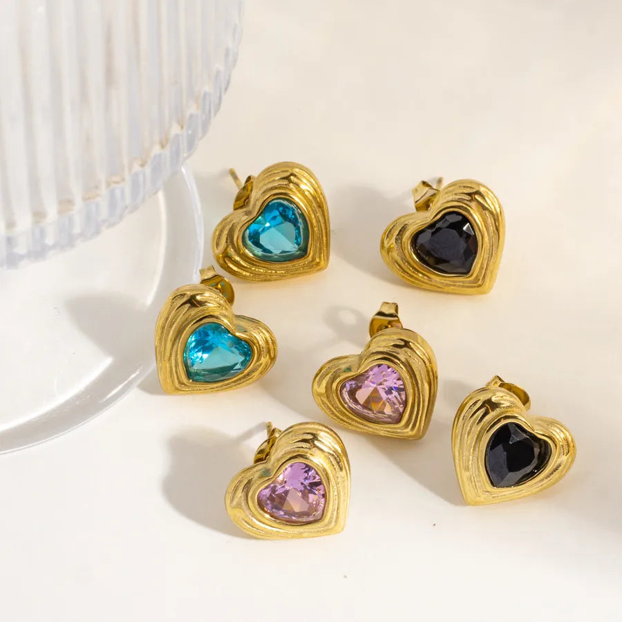 1 Pair IG Style Simple Style Classic Style Heart Shape Inlay 304 Stainless Steel Rhinestones 14K Gold Plated Ear Studs