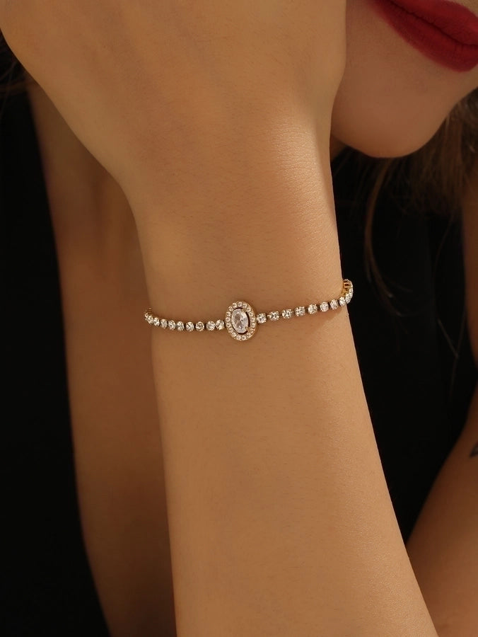 Elegant Lady Streetwear Oval Heart Shape Titanium Steel 18K Gold Plated Artificial Crystal Bracelets In Bulk