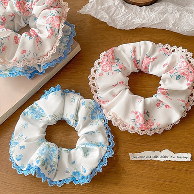 Women's Japanese Style Sweet Pastoral Flower Cloth Rib-Knit Lace Hair Tie