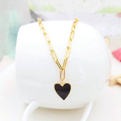 Copper Paperclip Chain Enamel Heart Shape Pendant Necklace
