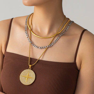 Jewelry Punk Round 201 Stainless Steel Copper Zircon Inlay Three Layer Necklace