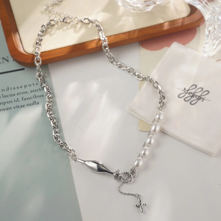 Alloy Copper White Gold Plated Four Eight-Pointed Stars Glass Pearl Zircon Necklace