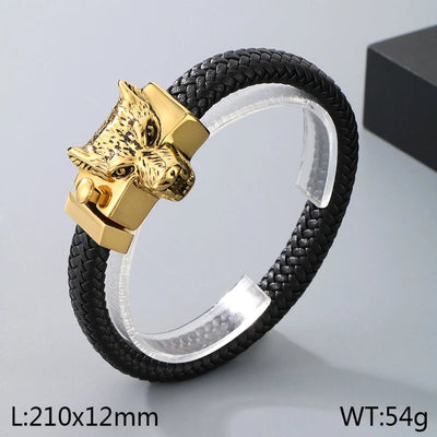 Business Lion's head Wolf Head Skull 304 Stainless Steel Leather 18K Gold Plated Men's Bracelets