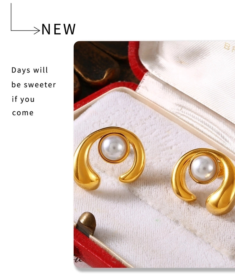 1 Pair Elegant Simple Style Streetwear C Shape Round Plating Inlay 304 Stainless Steel Artificial Pearls Ear Studs