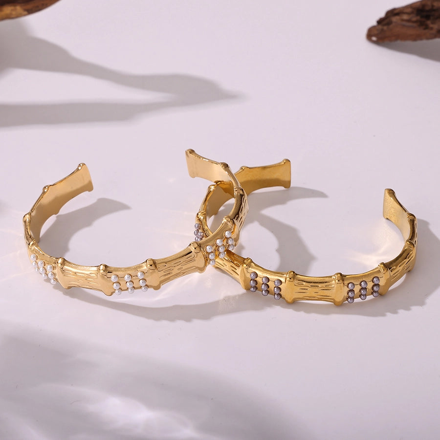 Elegant Luxurious Geometric 304 Stainless Steel 18K Gold Plated Artificial Pearls Bangle In Bulk