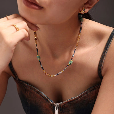 Sweet Cool Style Geometric 304 Stainless Steel Artificial Crystal natural stone 18K Gold Plated Beaded Chain Necklace In Bulk