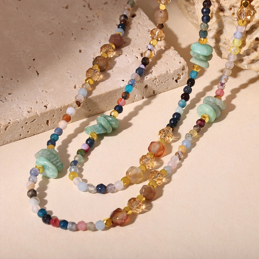 Sweet Cool Style Geometric 304 Stainless Steel Artificial Crystal natural stone 18K Gold Plated Beaded Chain Necklace In Bulk