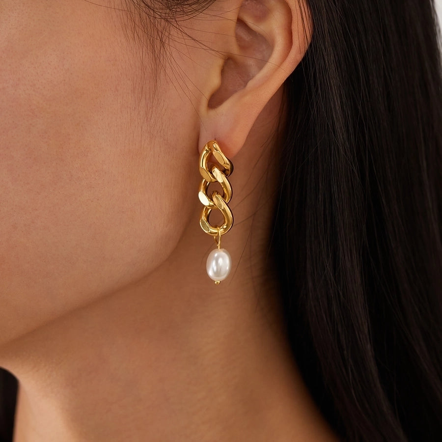 1 Pair French Style Geometric Pearl chain 304 Stainless Steel 18K Gold Plated Drop Earrings