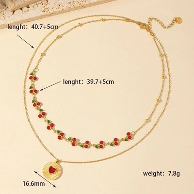 Jewelry Vacation Simple Style Cherry Heart Shape 304 Stainless Steel Resin 18K Gold Plated Inlay Double Layer Necklaces Pendant Necklace