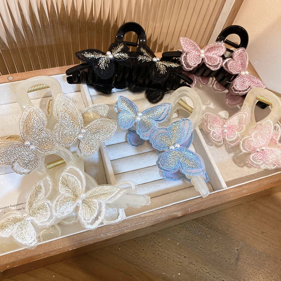 Women's Sweet Simple Style Butterfly Arylic Inlay Imitation Pearl Cloth Hair Clip