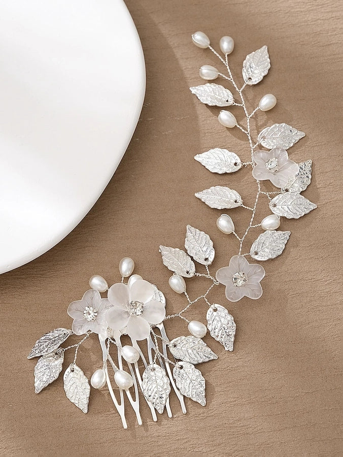 retro leaf flower alloy copper pearl inlay rhinestones insert comb