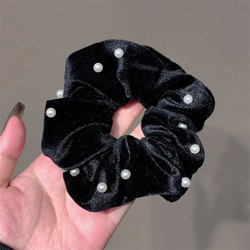 retro solid color velvet inlay artificial pearls hair tie 1 piece
