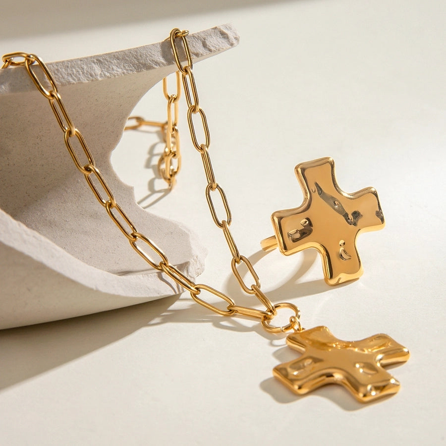 18K Gold Stainless Steel Hammer Pattern Oil Pressure Cross Pendant Clip Chain Necklace