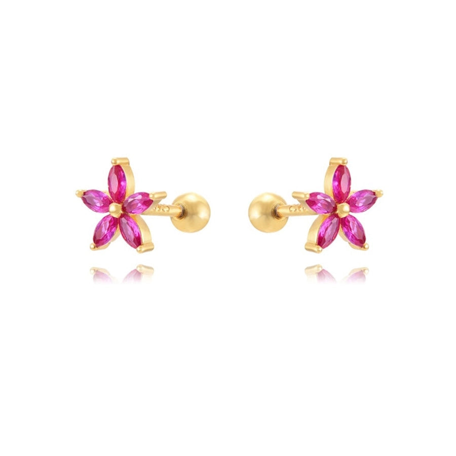 1 Pair Sweet Shiny Flower Inlay Copper Zircon 24K Gold Plated Ear Studs