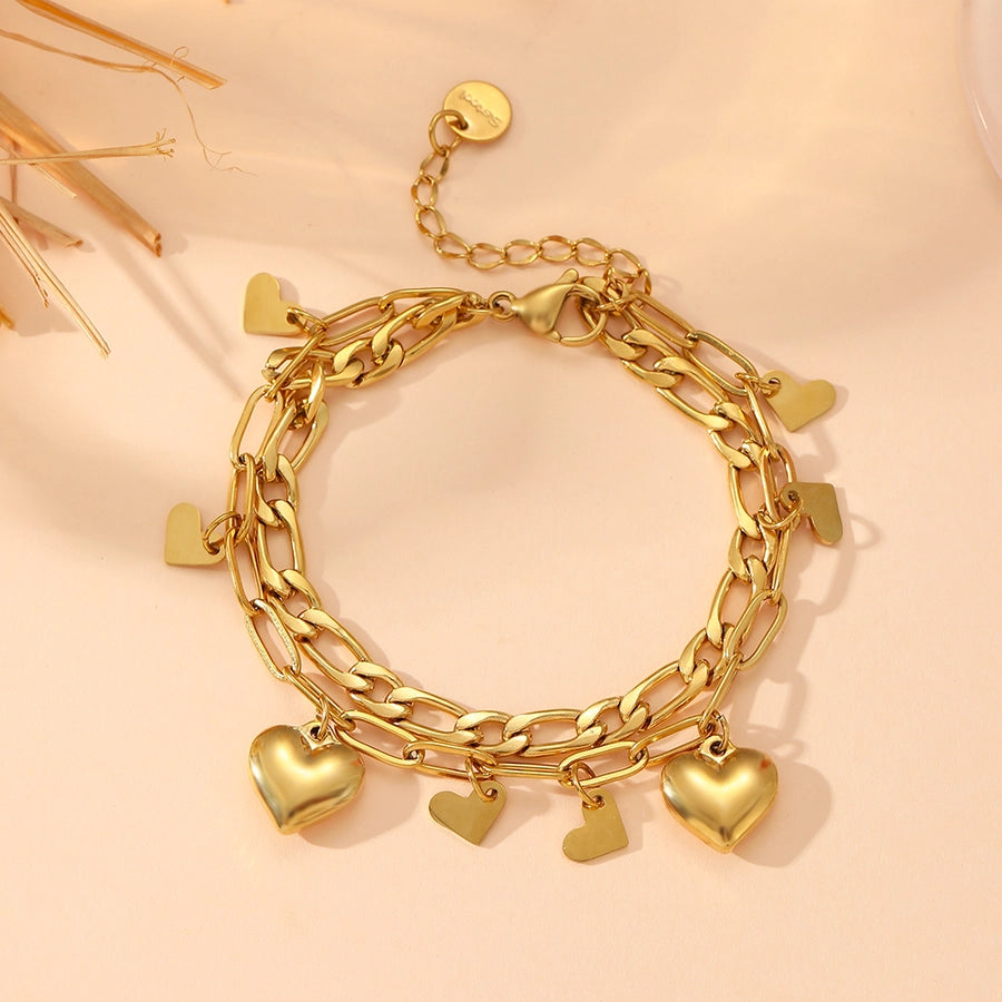 Elegant Heart Shape Titanium Steel 18K Gold Plated Beaded Chain cable chain Bracelets In Bulk