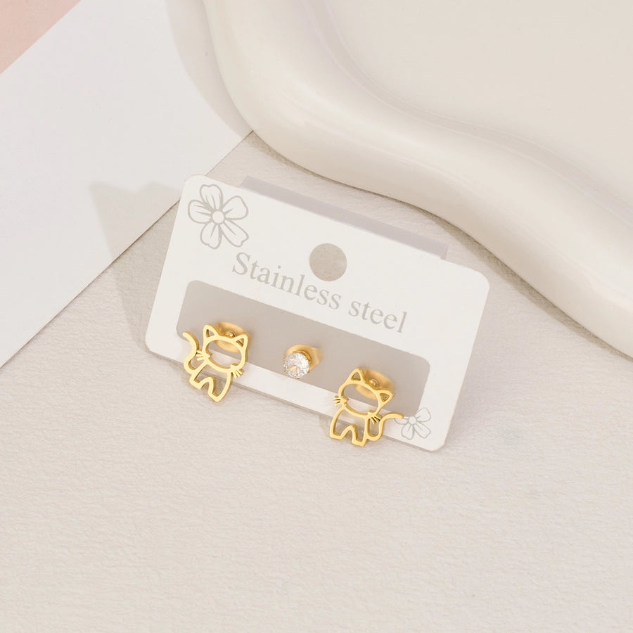 1 Set Halloween Cute Sweet Animal Cat Bat Polishing Inlay 304 Stainless Steel Zircon 18K Gold Plated Ear Studs