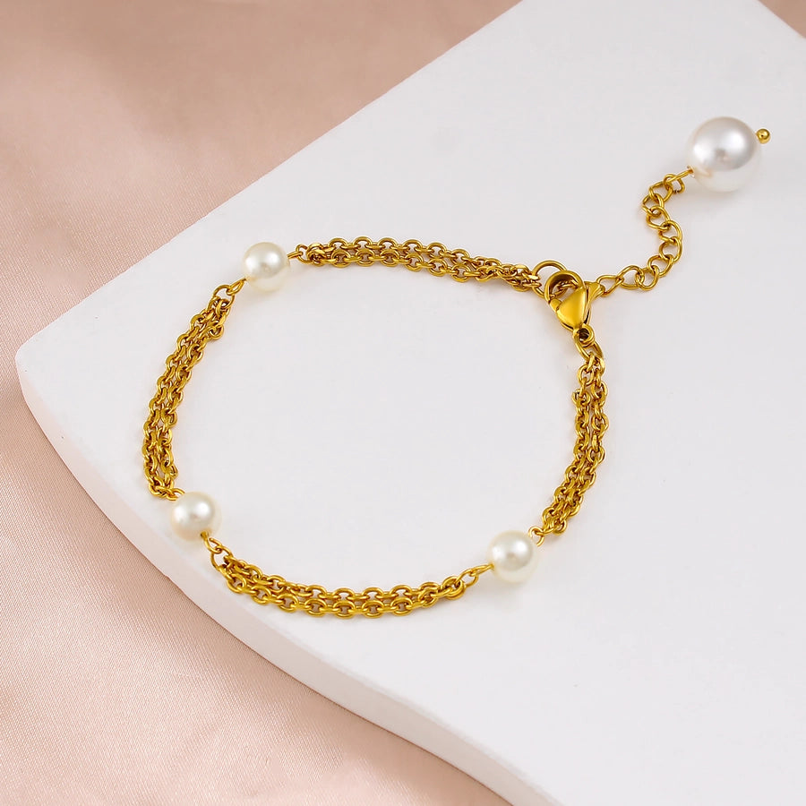 Jewelry French Style Geometric 304 Stainless Steel Glass Pearl 18K Gold Plated Bracelets Necklace
