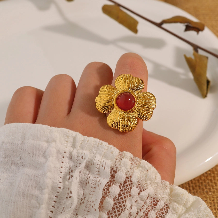 Jewelry Elegant Retro French Style Flower 304 Stainless Steel Natural Stone 18K Gold Plated Inlay Open Rings
