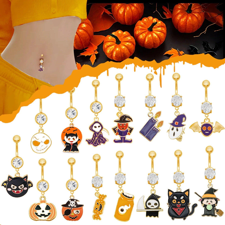 1 Piece Belly Rings Rock Punk Pumpkin Bat Skull 316 Stainless Steel  Alloy Epoxy Inlay Rhinestones Zircon Gold Plated