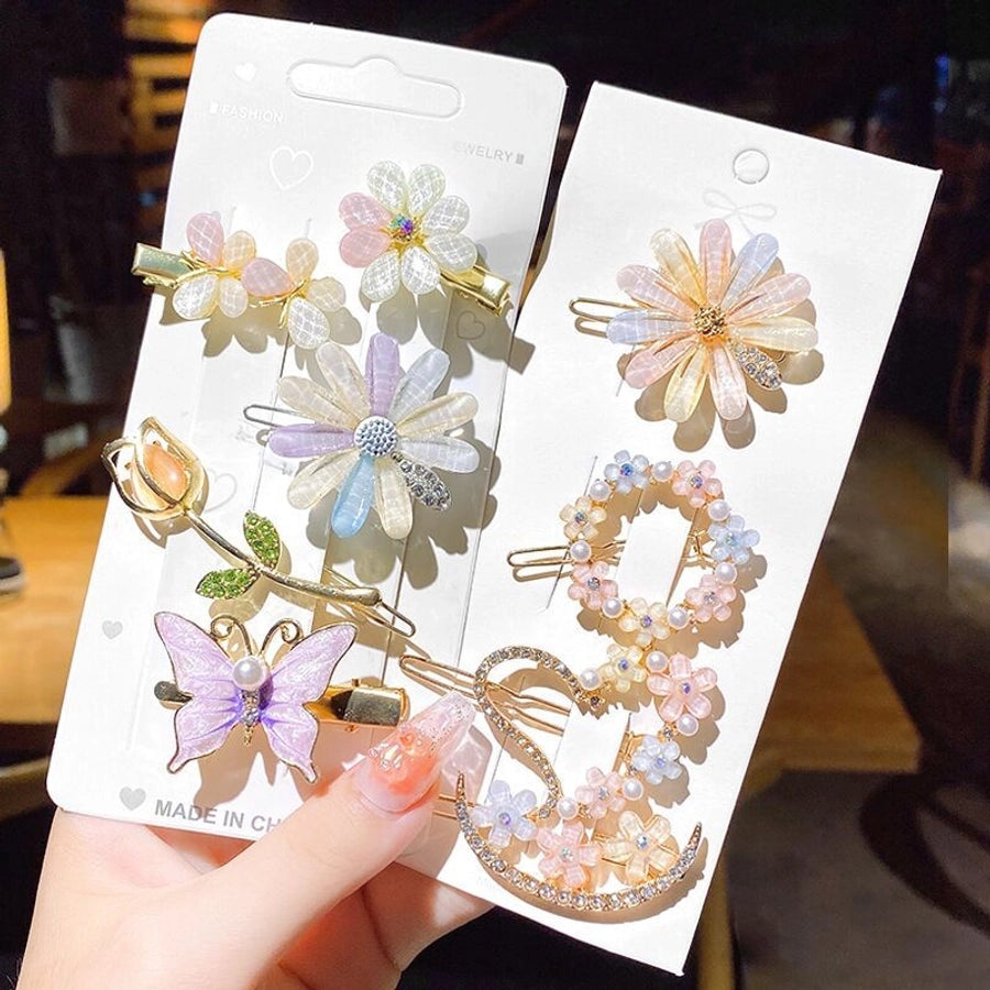 sweet plaid flower alloy pearl rhinestones hair clip 1 set