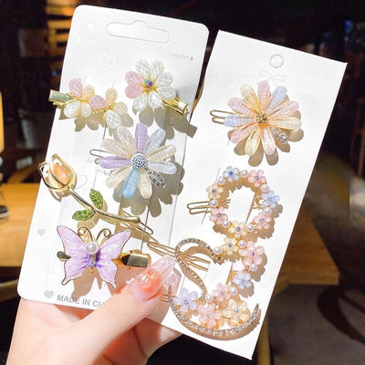 sweet plaid flower alloy pearl rhinestones hair clip 1 set