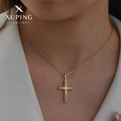 Copper 18K Gold Plated Plating Hollow Out Inlay Cross Zircon Pendant Necklace