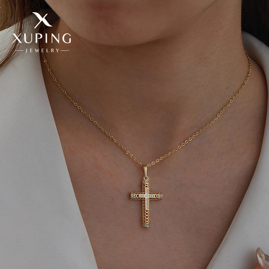 Copper 18K Gold Plated Plating Hollow Out Inlay Cross Zircon Pendant Necklace