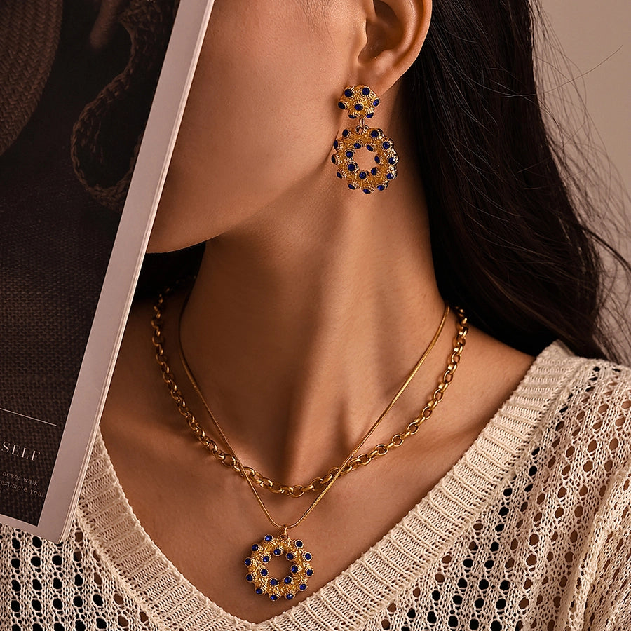 Jewelry Elegant Circle 304 Stainless Steel Rhinestones Glass Stone 18K Gold Plated Plating Inlay Earrings Necklace