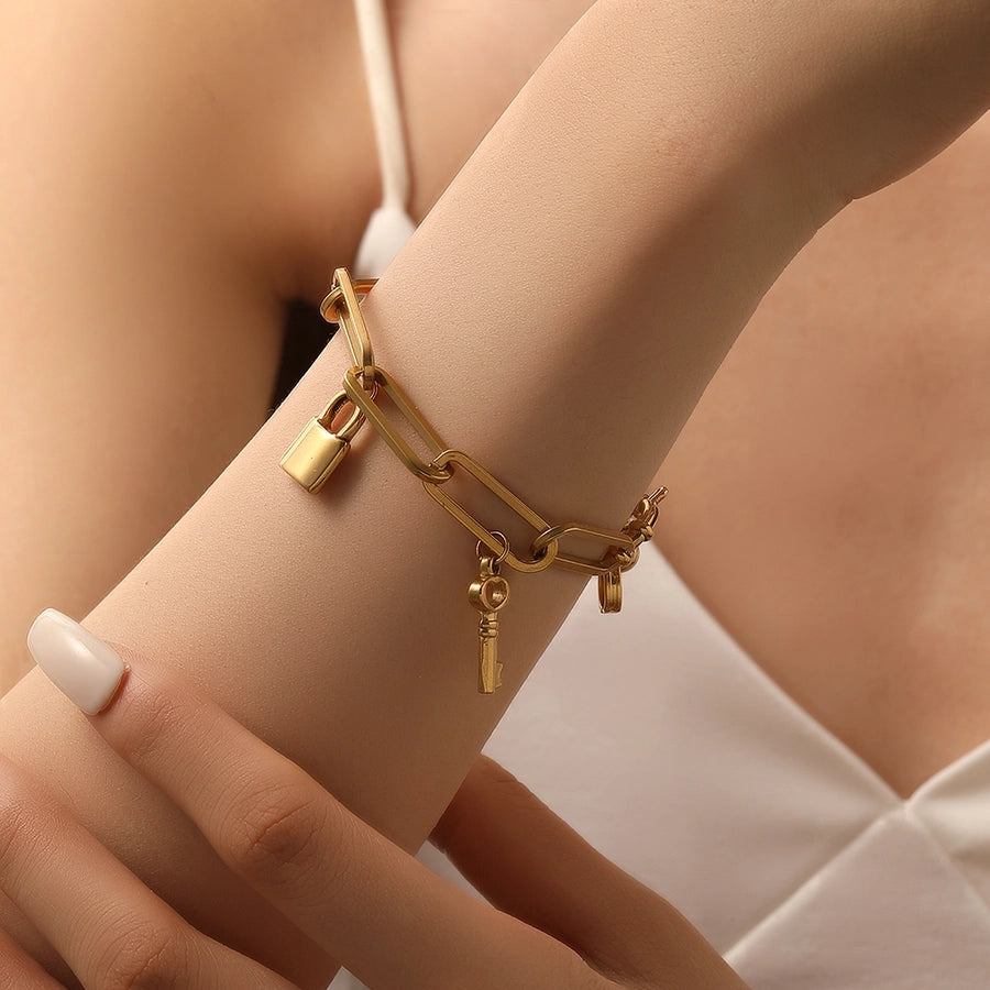 Elegant Heart Shape Titanium Steel 18K Gold Plated Beaded Chain cable chain Bracelets In Bulk