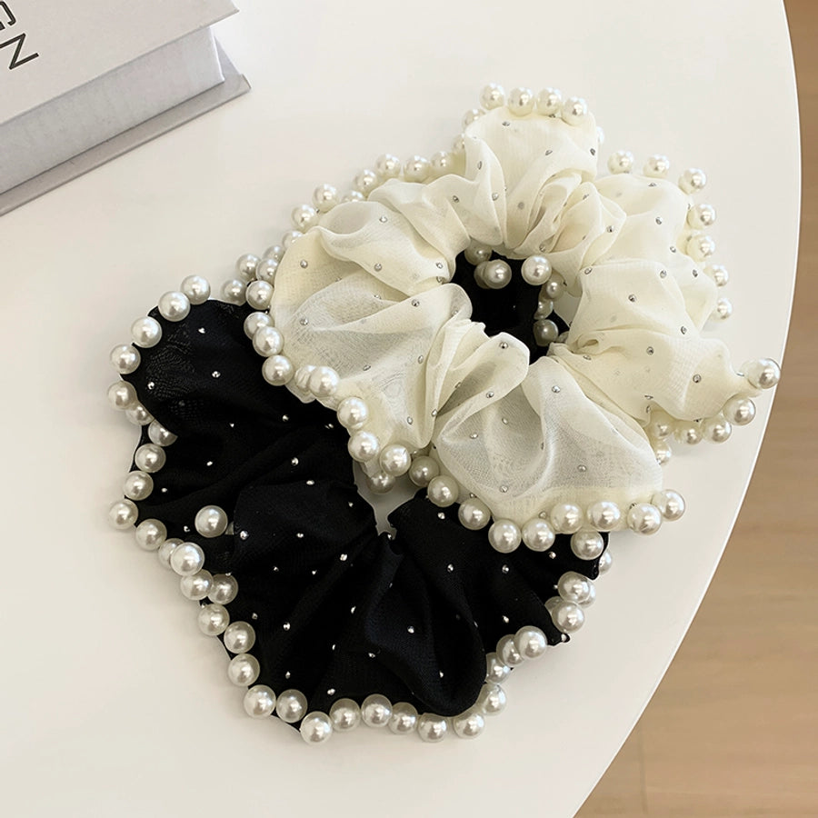 Large Embroidered Pearl Mesh Large Intestine Hair Ring Ponytail Hair String Retro Simple French High-End Hepburn Style Hair Accessories for Women