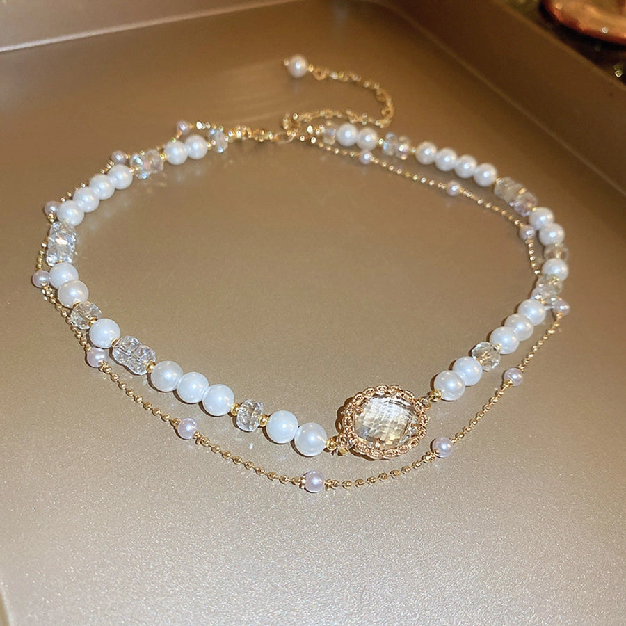 Simple Style Classic Style Round Artificial Crystal Imitation Pearl  Layered Necklaces