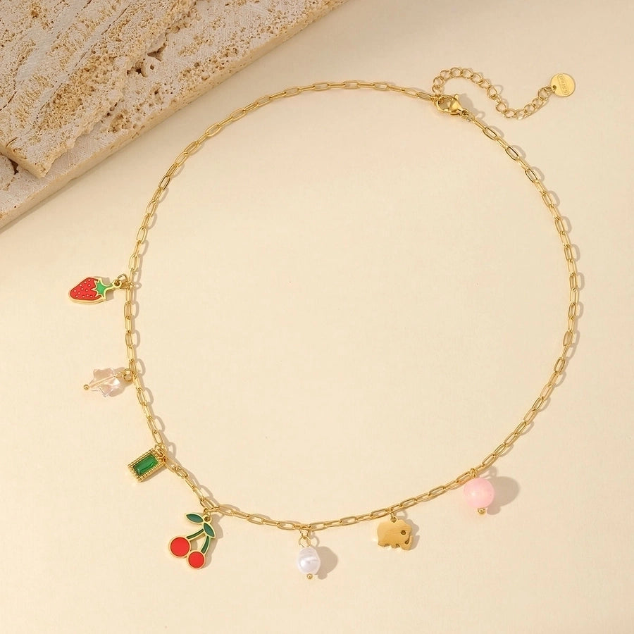 Jewelry French Style Cherry Strawberry 304 Stainless Steel Imitation Pearl Imitating stone 18K Gold Plated Enamel Plating Inlay Multi Charms Necklace