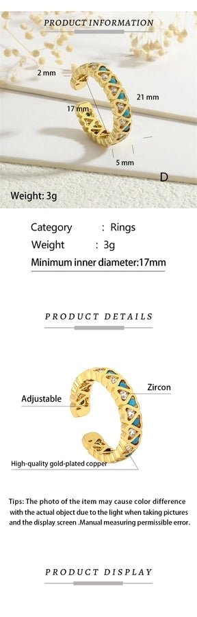 Copper Inlay Heart Shape Zircon Open Rings