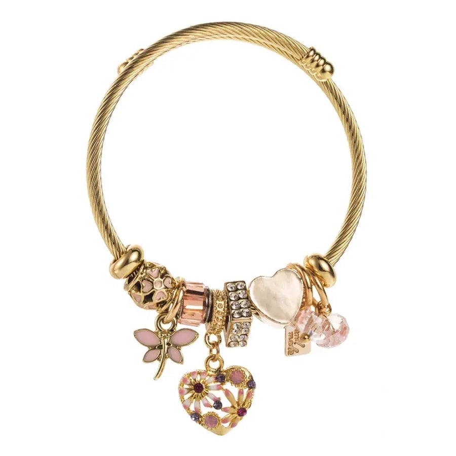 Simple Style Heart Shape Flower Dragonfly 304 Stainless Steel Zinc alloy Rhinestones Bangle In Bulk