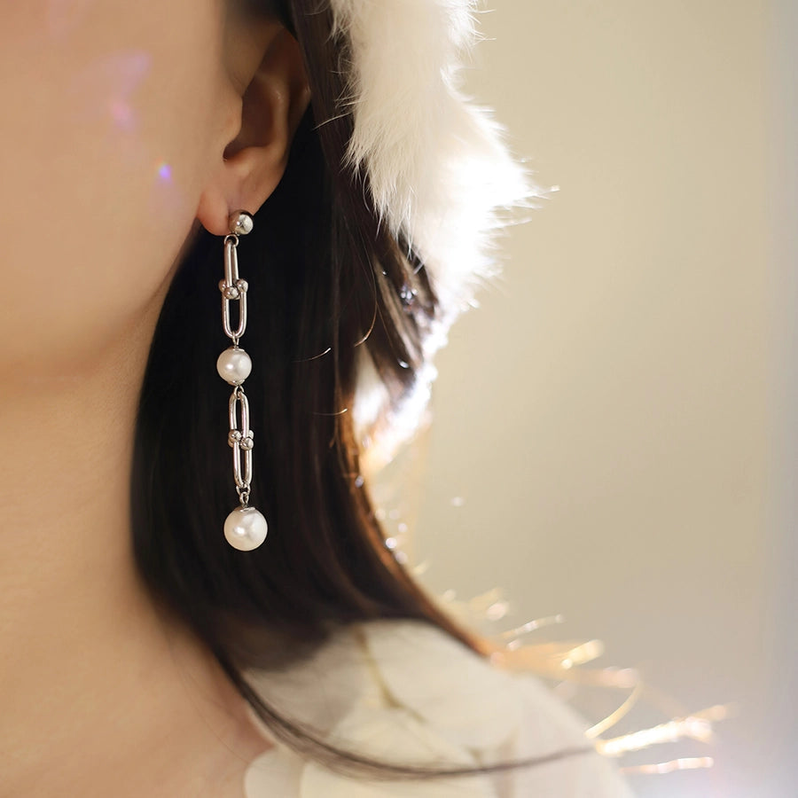 1 Pair Elegant Glam Geometric Inlay 304 Stainless Steel Pearl Drop Earrings