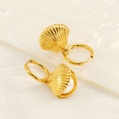 Jewelry IG Style Shell 304 Stainless Steel Artificial Pearls 18K Gold Plated Inlay Rings Earrings Necklace