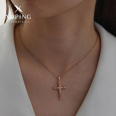 Copper 18K Gold Plated Plating Hollow Out Inlay Cross Zircon Pendant Necklace
