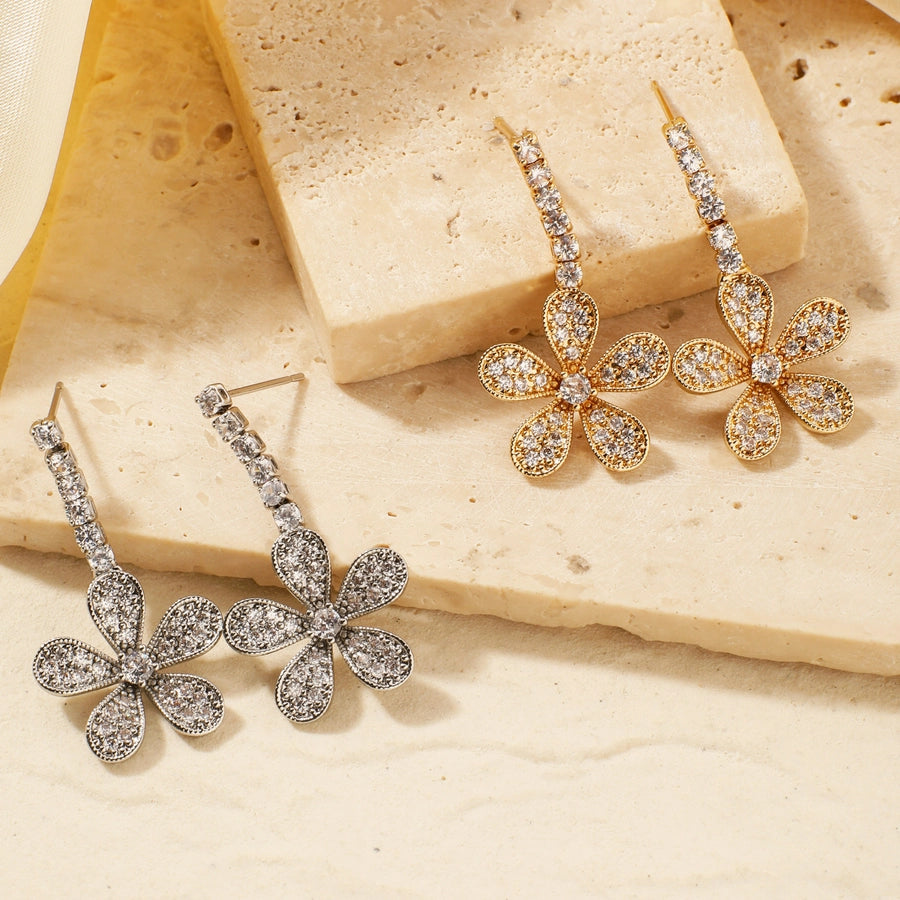 1 Pair Elegant Shiny Korean Style Geometric Water Droplets Flower Inlay Copper Glass Zircon K Gold Plated Rhodium Plated Ear clip