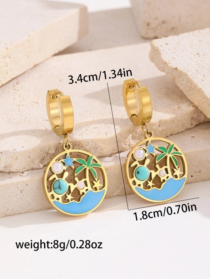 1 Pair Hawaiian IG Style Tree Ocean Painted Hollow Out Inlay Titanium Steel Artificial Pearls Turquoise 18K Gold Plated Drop Earrings