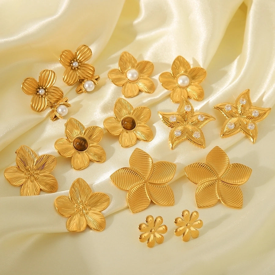 1 Pair IG Style Flower Plating Inlay 304 Stainless Steel Pearl 18K Gold Plated Ear Studs